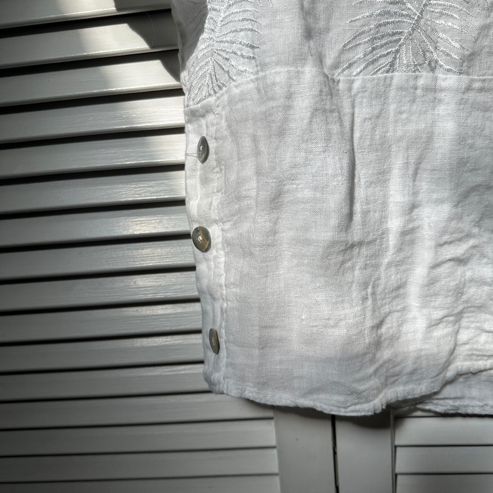 Lungo L'Arno Linen Blouse Short Sleeve Tropical Palm Embroidery Side Buttons - Picture 8 of 17